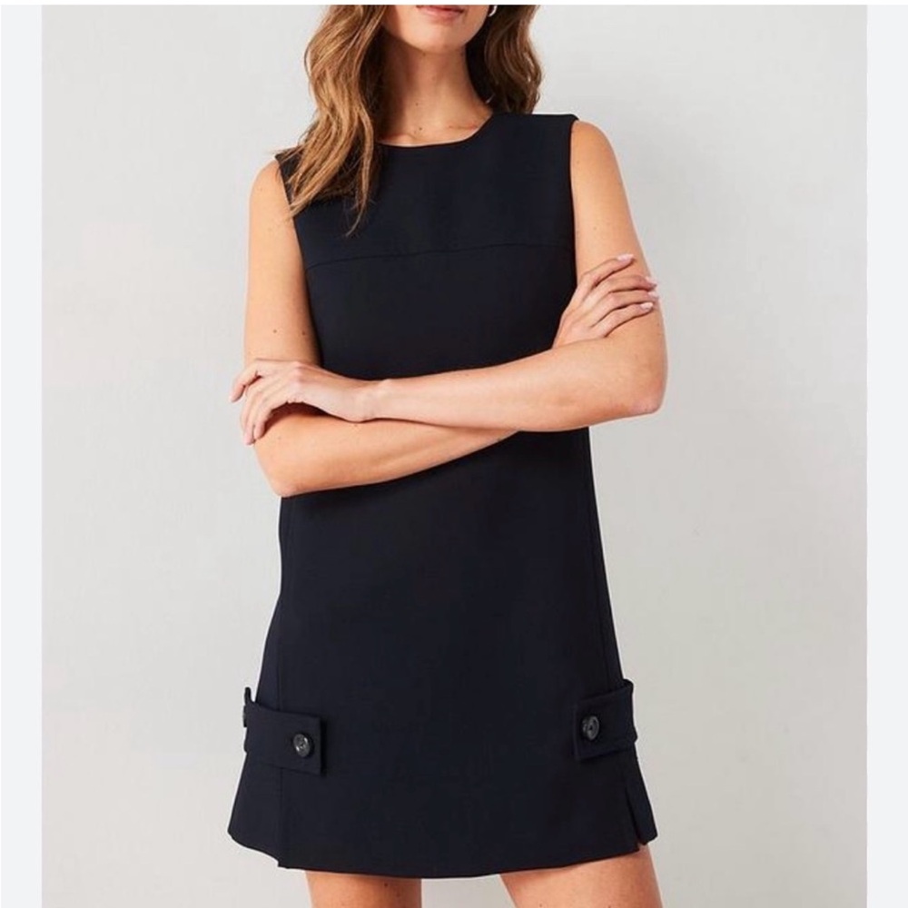 BCBG Sleek Black Sleeveless Mini Dress with Button Tab Accents